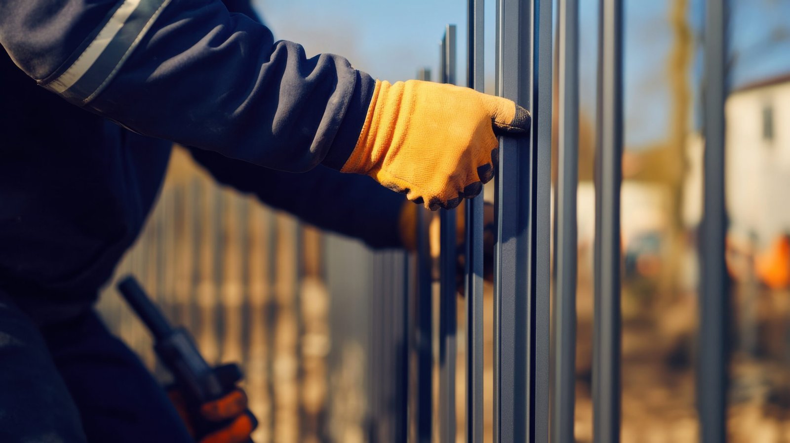 A construction worker installing a metal fence on-site. Featuring precision and attention to detail fencing installation